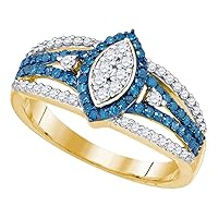 The Diamond Deal 10kt Yellow Gold Womens Round Blue Color Enhanced Diamond Marquise-shape Halo Cluster Ring 7/8 Cttw