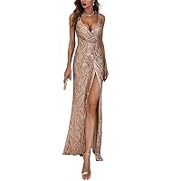 NeeMee Women's Sequin Party Dress V-Neck Sphagetti Strap Dress Sexy High Slit Maxi Dress Formal Evening Gowns