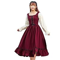 Nuoqi Sweet Victorian Lolita Dress Girls Lace-up Puff Pleated Swing Dress Wine Red M