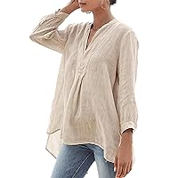 Summer V-Neck Linen Shirts for Women 3/4 Sleeve, Womens Flowy Cotton Linen Blouses Tops with Long Hem