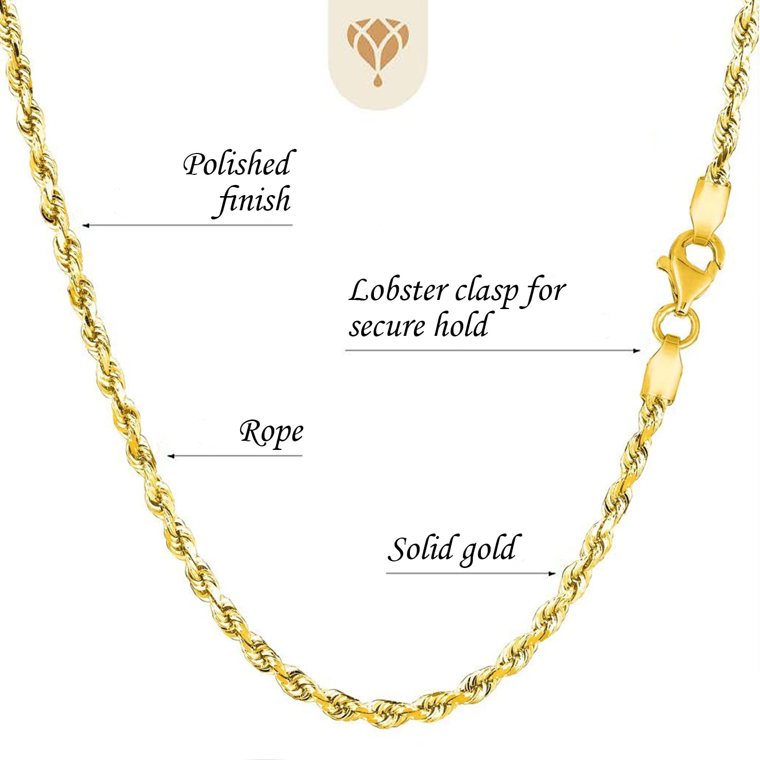 14k SOLID Yellow Gold 3.5mm Shiny Diamond-Cut Royal Solid Rope Chain Necklace for Pendants and Charms with Lobster-Claw Clasp (18