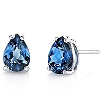 Peora 14K White Gold London Blue Topaz Earrings for Women, Natural Gemstone Birthstone Solitaire Studs, 1.50 Carats Pear Shape, AAA Grade, Friction Back