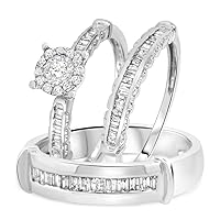 14K White Gold Fn His/Her Wedding Trio Ring Set 1 1/5 Ct Round & Baguette Sim Diamond