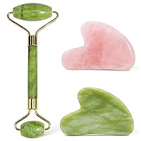 Jade Roller & Gua Sha Set + Rose Quartz Guasha Tool - Perfect for Puffiness, Wrinkles, and Tension Relief, Ideal Self Care and Valentine's Day Gift