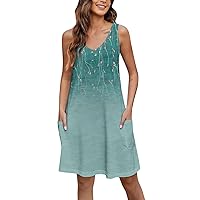 Plus Size Summer Dresses for Women 2024 Bohemian Dress for Women 2024 Summer Fashion Print Pretty Slim Fit Dress Sleeveless V Neck Dresses with Pockets Turquoise XX-Large