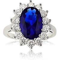Beaux Bijoux Sterling Silver Large Oval Created Blue Sapphire and Clear Cubic Zirconia Statement Bridal Engagement Princess Diana/Kate Middleton Royal Ring