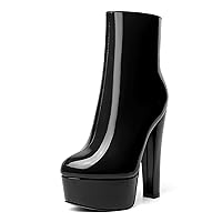 Womens Platform Patent Round Toe Outdoor Dress Zip Block High Heel Ankle High Boots 6 Inch