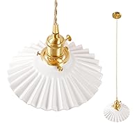 【Upgraded】 Pendant Light Retro White Pleated Ceramic Lampshade Nordic Hanging Lamp, Brass Finish Ceiling Drop Light E26/E27 Fixture Lamp Fitting with Kitchen Island Bedroom 7.87 Inch Diam