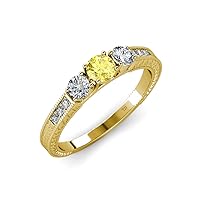Yellow Sapphire & Diamond Milgrain Work 3 Stone Ring with Side Diamond 0.85 ctw 14K Yellow Gold