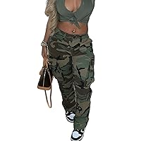 Womens Camo Cargo High Waist Pants Camouflage Military Elastic Trousers with Pockets