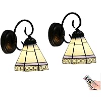 Battery Operated Wall Light Set of Two,Tiffany Style Rechargeable Wall Sconces Led Dimmable with Remote,Indoor Cordless Bedside Wall Lights Fixture Wall Decor for Bedroom Bar Hallway Bathroom