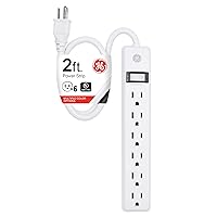 GE 6-Outlet Power Strip, 2 Ft Extension Cord, Heavy Duty Plug, Grounded, Integrated Circuit Breaker, 3-Prong, Wall Mount, UL Listed, White, 14830