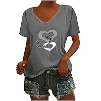 Womens Love Heart Print T-Shirt Vintage Short Sleeve V Neck Tees Plus Size Loose Fit Tunic Blouse Going Out Tops