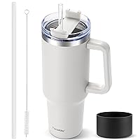 40 oz Tumbler with Handle | Stainless Steel Insulated Travel Mug Iced Coffee Cup with Lids and Straw | Keeps Drinks Cold for 34 Hours | Dishwasher Safe, BPA Free(White)