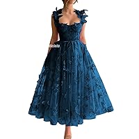 Womens 3D Butterfly Tulle Prom Dresses for Teens Lace Applique Corset Prom Dress 2024 Tea Length Formal Evening Gown