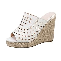 Ladies Fashion Summer Solid Color Hollowed Out Leather Open Toe Sloping Heel Thick Sole Sandals(White,Size 8.5)