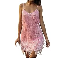 Sequin Fringe Dresses for Women Sexy Feather Tassel Strappy Short Dress V Neck Club Party Dresses Skater Prom Dress