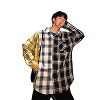 Men Oversized Cotton Plaid Shirt Hip Hop Patchwork Button Up Long Sleeve Couple Korean Clothing