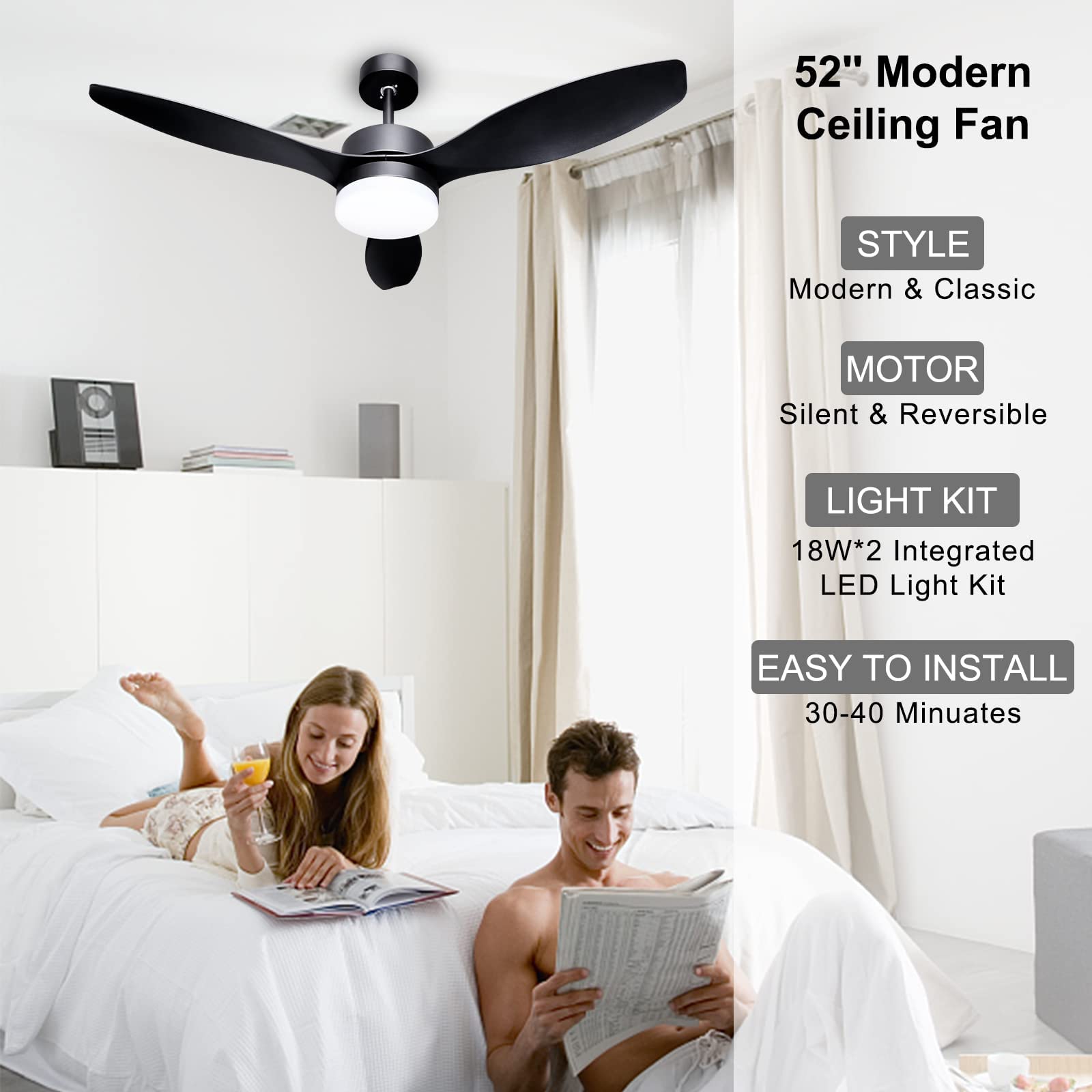 Ohniyou 52'' Ceiling Fan with Lights Remote Control,Outdoor Ceiling Fans for Patio with Light,Black Ceiling Fan Light for Bedroom Kitchen Nursery Conference