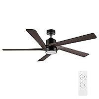 WINGBO 54 Inch DC Ceiling Fan with Lights and Remote Control, 5 Reversible Carved Wood Blades, 6-Speed Noiseless DC Motor, Modern Ceiling Fan in Matte Black Finish with Walnut Blades, ETL Listed