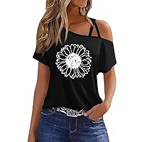Asymmetrical Tops for Women Summer Short Sleeve Off The Shoulder T Shirts Criss Cross Blouses Sunflower Print Outfits