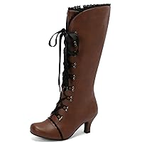 Kitten Heel Knee High Boots for Women Low Heel Goth Lace Up Boots Victorian Style Shoes