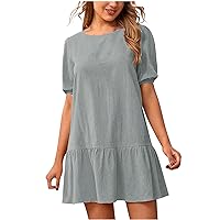 Womens Summer Cotton Linen Dress Casual Cute Short Sleeve Swing Dress Ladies Loose Fit Crew Neck Tshirt Dress