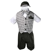 5pc Boys Checks Gingham Eton Formal Brown Shorts Vest Set Suits Hat S-4T