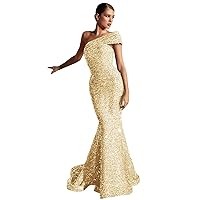 Sparkly Sequin Prom Dresses for Women One Shoulder Mermaid Ball Gown Bodycon Glitter Formal Evening Party Gown QM0980
