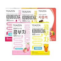 5 Flavor 50 stick Variety Pack, Kombucha Lemon, Berry, Citrus, Peach flavor (7.05oz, 40 Sticks) & Pink Grapefruit Hibiscus and Green Tea Powdered Drink Mix (1.76oz, 10 Sticks)