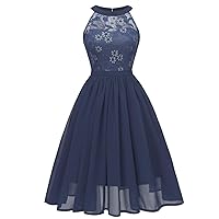 Women's Sleeveless Halter Floral Lace Formal Dress Cocktail Party Dress Bridesmaid Chiffon Patchwork A-Line Dresses