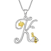 FJ 925 Sterling Silver Initial Alphabet Letters Pendant From A-Z, Bee and Honey Flower Necklace Best Gift For Woman Men