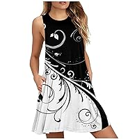 Women's Summer Dresses 2023 Fashion Casual Round Neck Printed Sleeveless Sexy Pocket Dresses