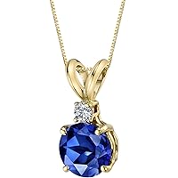 PEORA 14K Yellow Gold 1.50 Carats Created Blue Sapphire with Genuine Diamond Pendant, Elegant Solitaire, Round Shape, 6.50mm
