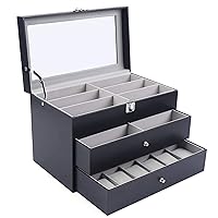 SHZICMY Black Leather Watch Box Sunglass Organizer with Real Glass Top, 3 Layers 12 Slots Sunglasses and 12 Slots Watch Storage Box for Men, with Flexible Watch Pillow, Gift for Men Father's Day Gift