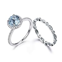 7mm Round Natural Blue Aquamarine Wedding Ring Set,Claw Prong Halo,Diamond Matching Band 14k White Gold