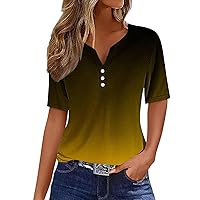 Women Short Sleeve Tops 2024 Summer Fashion T Shirt Casual V Neck Pullover Button Gradient Color Printed Blouse Tees