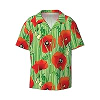 Red Flower Men's Summer Short-Sleeved Shirts, Casual Shirts, Loose Fit with Pockets