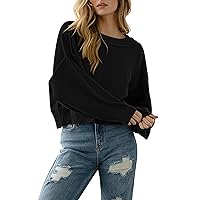 Pink Queen Women's Cropped Sweater 2023 Fall Crewneck Color Block Batwing Sleeve Oversized Ribbed Knit Pullover Jumper Tops