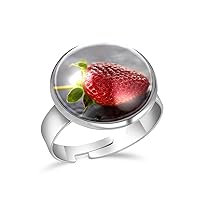Red Strawberry Adjustable Rings for Women Girls, Stainless Steel Open Finger Rings Jewelry Gifts