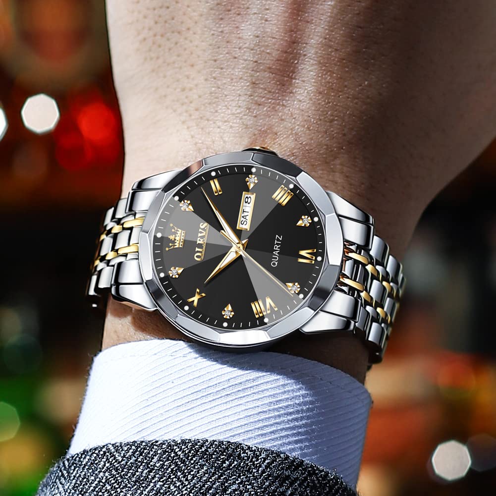 OLEVS Uhren Herren Diamant Business Kleid Analog Quarz Edelstahl Wasserdicht Leuchtdatum Zweifarbig Luxus Casual Armbanduhr Geschenke für Männer