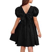 YOVION Girls Summer Puff Sleeve A-Line Flared Backless Casual Party Midi Dress for 6-12 Years with Bowknot