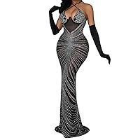 Star Glitter Women's Elegant Fancy Long Gown Transparent Hollow Out Sexy Slim Fit Evening Dress Rhinestone Mesh