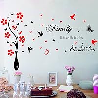 Family Wall Stickers Decals - Vase Wall Art Sticker with Flower, Bird, and Butterfly Design - Includes 'Family Where Life Begins and Love Never Ends' Inspiring Quote - Removable PVC Decal for Living Room, Bedroom, and Dining Room Decor - effect 24