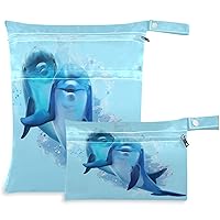 visesunny 2Pcs Wet Bag with Zippered PocketsBlue Dolphin Animal Washable Reusable Roomy Bags for Travel,Beach,Pool,Daycare,Stroller,Diapers,Dirty Gym Clothes, Wet Swimsuits, Toiletries