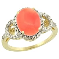 14K Yellow Gold Diamond Natural Coral Engagement Ring Oval 10x8mm, Sizes 5-10
