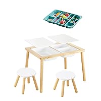 Beright Kids Table and Chair Set, a Green Storage Tray with Compartments Included, Indoor Sensory Table with 2 Chairs and 3 Storage Bins, Play Sand Water Table for Toddlers, Wooden Activity Table
