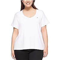 Tommy Hilfiger Plus Short Sleeve Tops-Cotton Shirts for Women with V-Neckline and Logo Detail, White, 0X