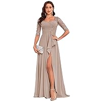 Plus Size Mother of The Bride Dresses Taupe Ruffles Half Sleeves Lace Evening Gown with Slit Size 18W
