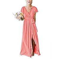 Women's Chiffon Faux Wrap A-Line Bridesmaid Dresses with Short Sleeves Slit That Hide Belly Fat R024